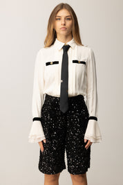 Elisabetta Franchi Tuta In Georgette con Bermuda Full Paillettes MILK/NERO TU06557E2