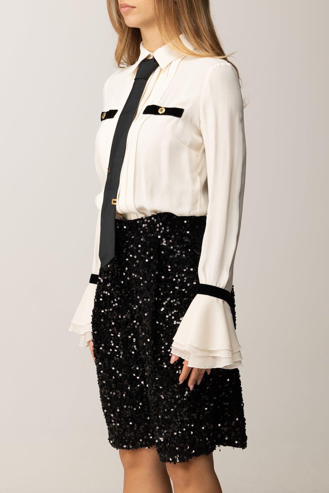 Elisabetta Franchi Tuta In Georgette con Bermuda Full Paillettes MILK/NERO TU06557E2