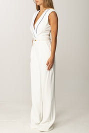 Elisabetta Franchi Tuta Lunga con Cintura e Scollatura Smoking TU04656E2 AVORIO