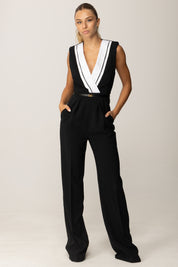 Elisabetta Franchi Tuta Lunga con Cintura e Scollatura Smoking TU04656E2 NERO/BIANCO