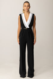 Elisabetta Franchi Tuta Lunga con Cintura e Scollatura Smoking TU04656E2 NERO/BIANCO