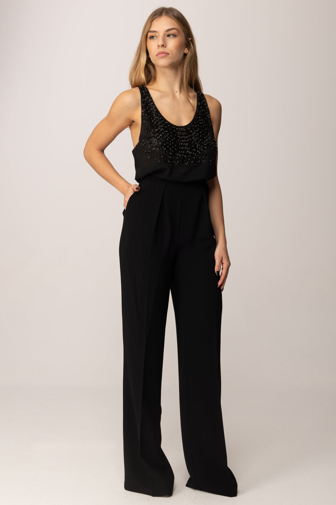 Elisabetta Franchi Tuta Lunga con Top Ricamo Cristalli TU06357E2 NERO