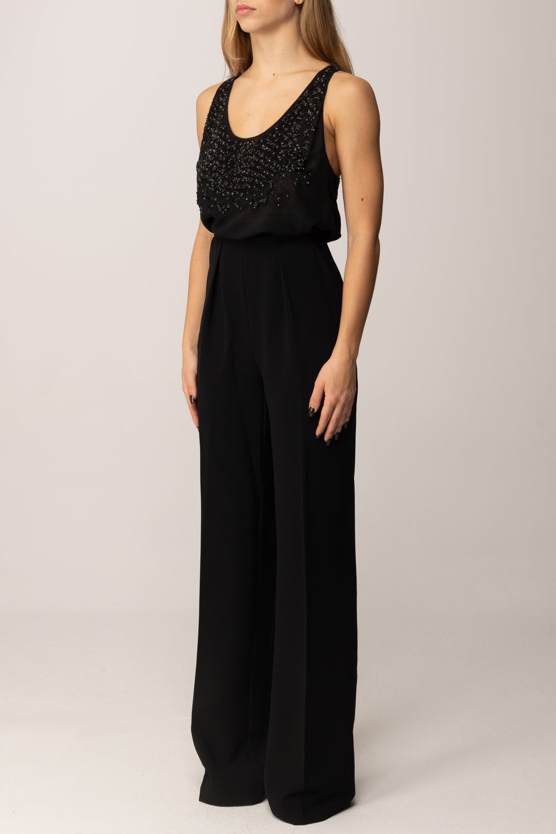 Elisabetta Franchi Tuta Lunga con Top Ricamo Cristalli TU06357E2 NERO