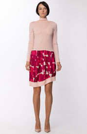 Manila Grace Abito a Lupetto In Maglia Sopra In Tessuto Gonna a Fantasia Asimmetrica S08642 FUCSIA