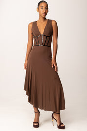 Elisabetta Franchi Abito Asimmetrico In Jersey con Dettagli In Vinile AB88157E2 COFFEE/NERO