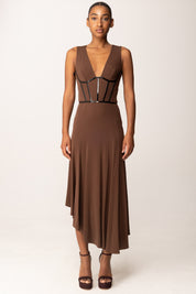 Elisabetta Franchi Abito Asimmetrico In Jersey con Dettagli In Vinile AB88157E2 COFFEE/NERO