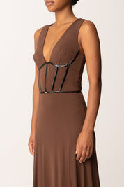 Elisabetta Franchi Abito Asimmetrico In Jersey con Dettagli In Vinile AB88157E2 COFFEE/NERO