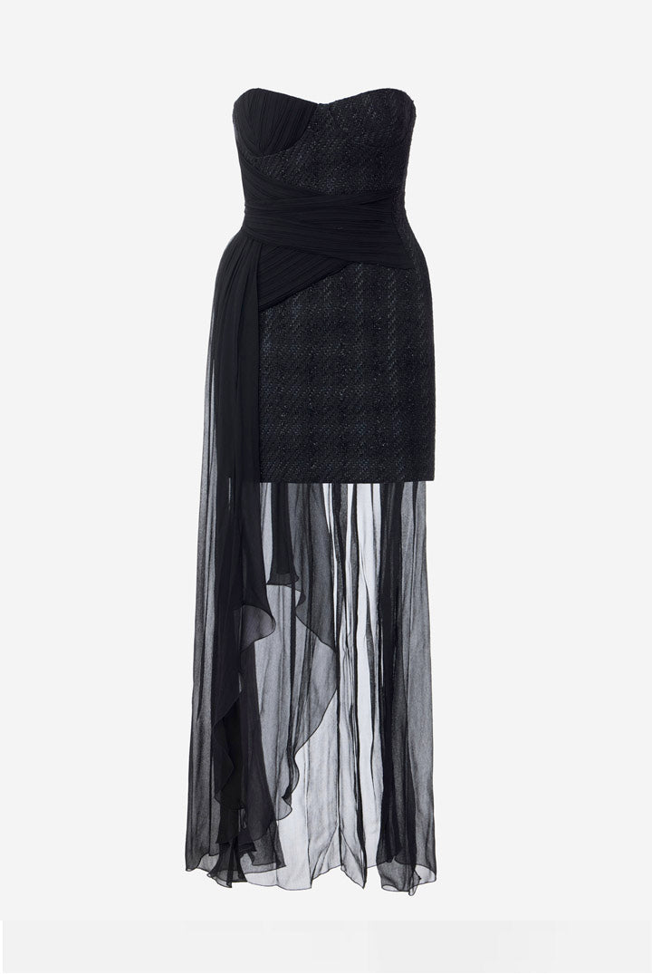 Elisabetta Franchi Abito Bustier In Tweed con Drappeggio In Tulle AB99967E2 NERO