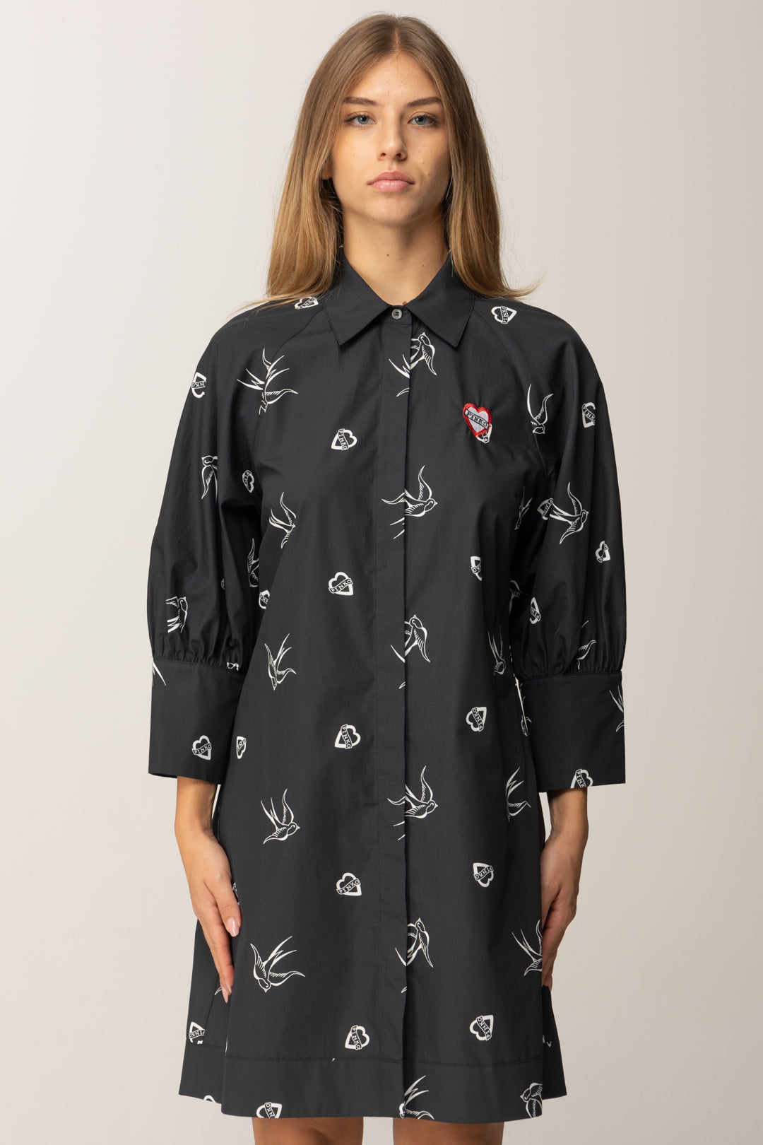Pinko Abito Chemisier con Stampa Birds NERO/BIANCO