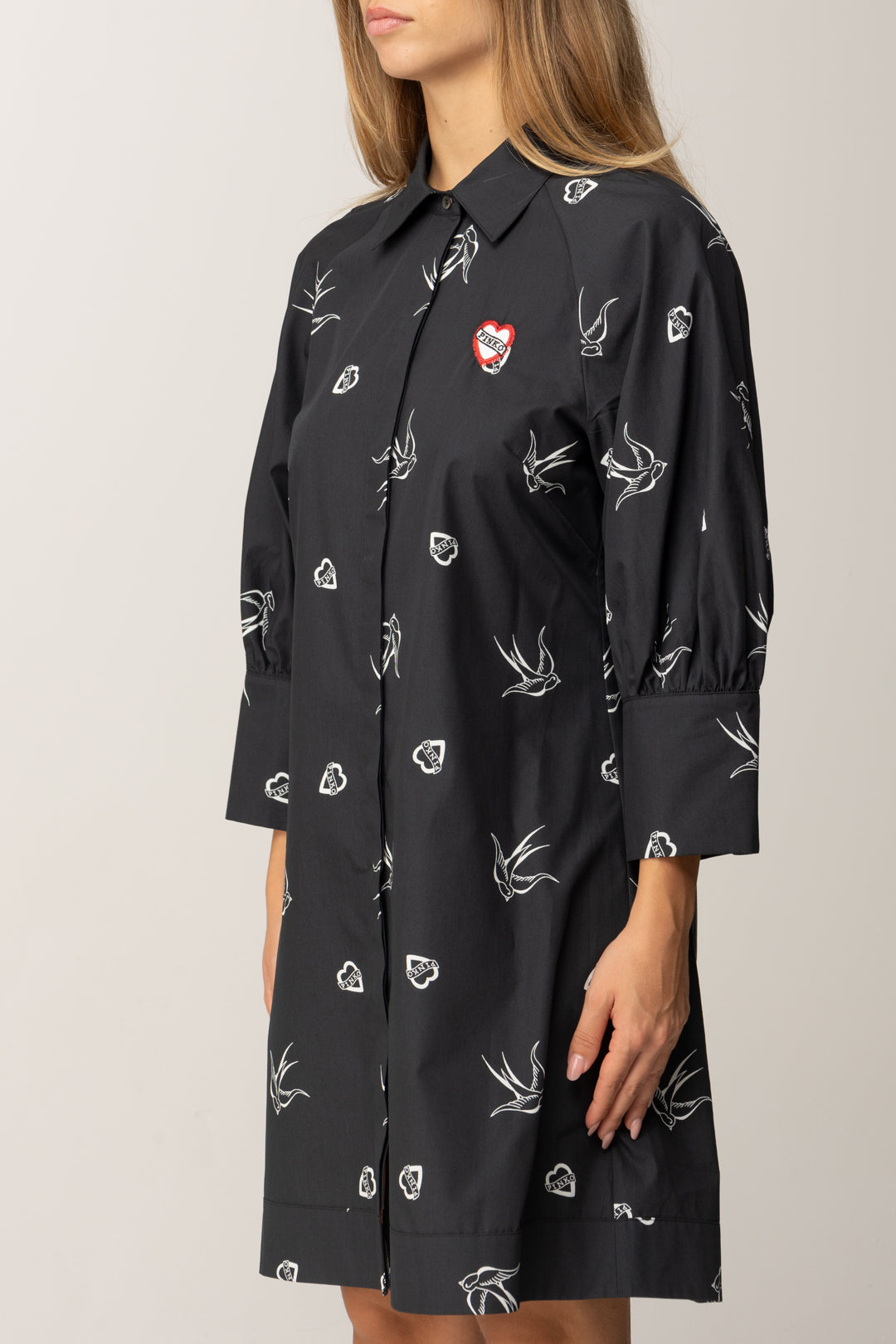 Pinko Abito Chemisier con Stampa Birds NERO/BIANCO