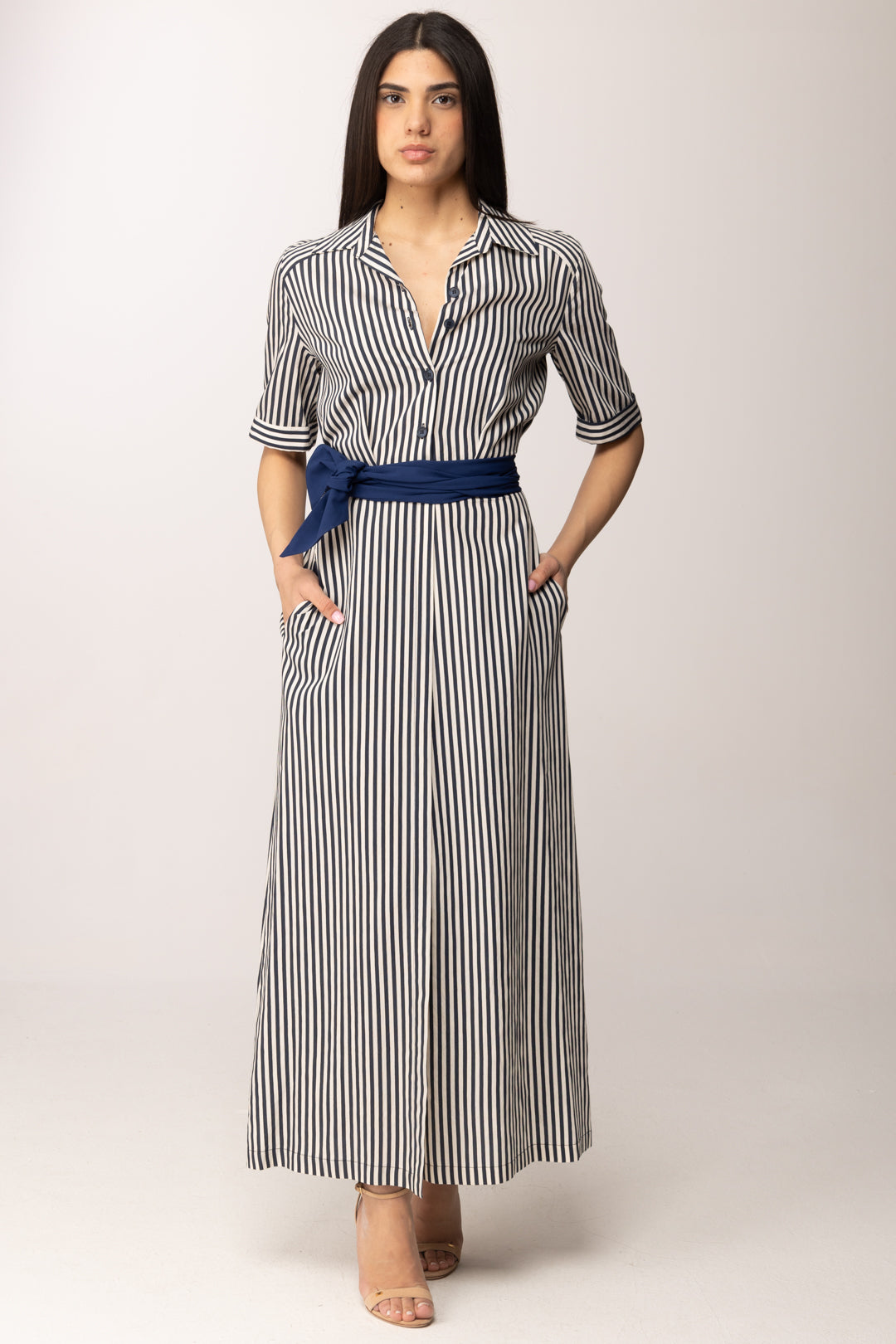 Hanita Abito Chemisier Lungo a Righe con Cintura H.V3789.4577 BLU MARINE