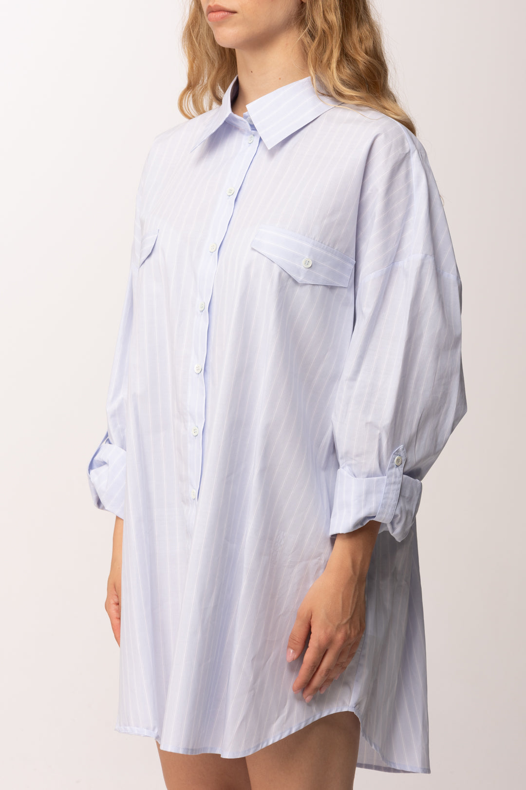 Patrizia Pepe Abito Chemisier Oversize a Righe con Logo 2A3098 A544 SKY STRIPES LOGO
