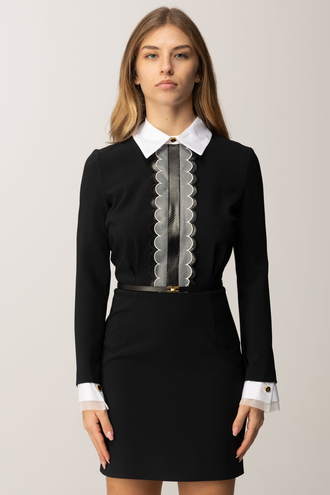 Elisabetta Franchi Abito con Colletto e Dettagli a Contrasto AB88757E2 NERO/AVORIO