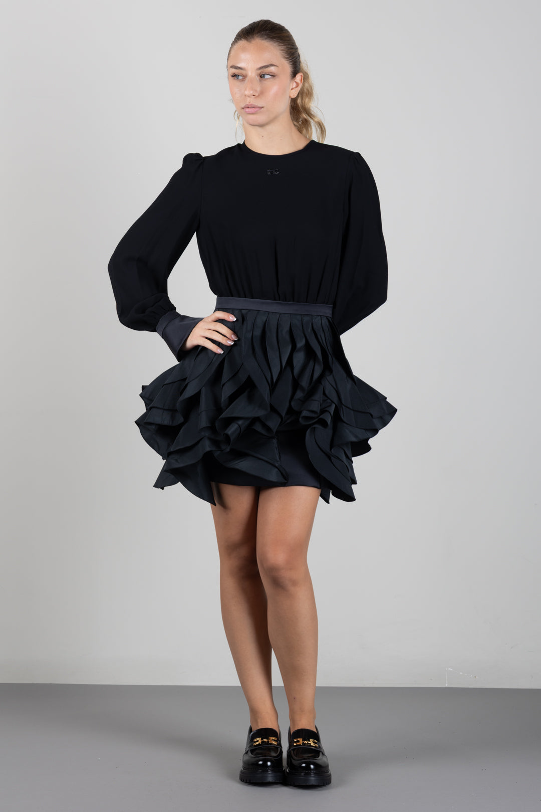 Elisabetta Franchi Bambina Abito con Gonna a Balze e Logo Gioiello EFAB6940NY230.N000