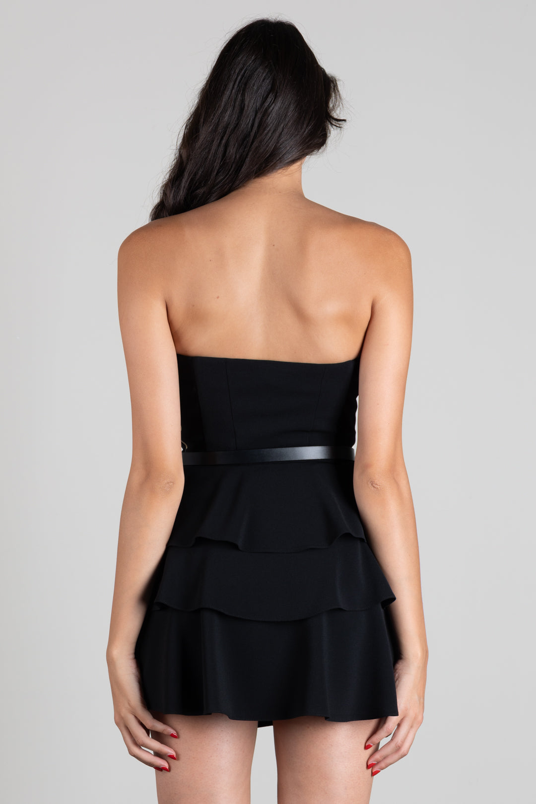 Elisabetta Franchi Abito Corto Bustier con Balze e Cintura AB97966E2 NERO