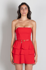 Elisabetta Franchi Abito Corto Bustier con Balze e Cintura AB97966E2 RED PASSION