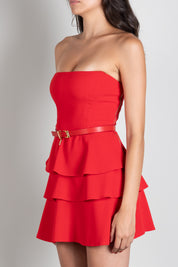 Elisabetta Franchi Abito Corto Bustier con Balze e Cintura AB97966E2 RED PASSION
