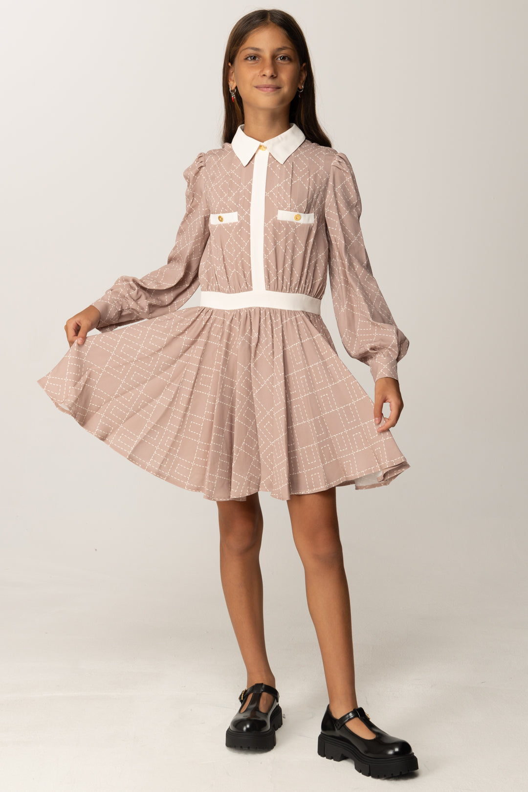 Elisabetta Franchi Bambina Abito Corto Chemisier In Georgette con Stampa Logo EFAB6200VI040 SUNRISE-MILK/MILK