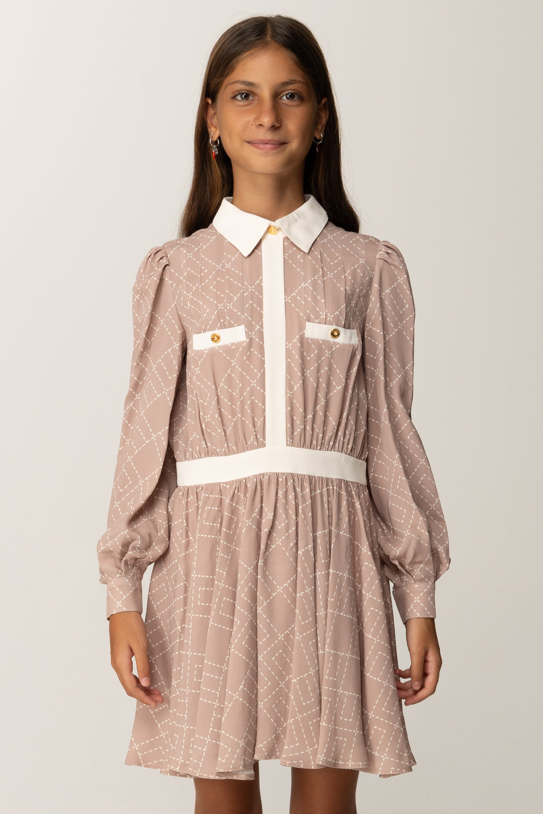 Elisabetta Franchi Bambina Abito Corto Chemisier In Georgette con Stampa Logo EFAB6200VI040 SUNRISE-MILK/MILK