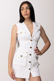 Elisabetta Franchi Abito Corto In Gabardina con Tasconi e Bottoni Oro AB92861E2 AVORIO