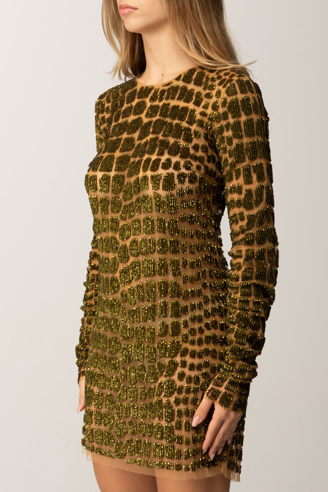 Elisabetta Franchi Abito Corto In Tulle Ricamato con Paillettes Pitone AR75J58E2 IGUANA