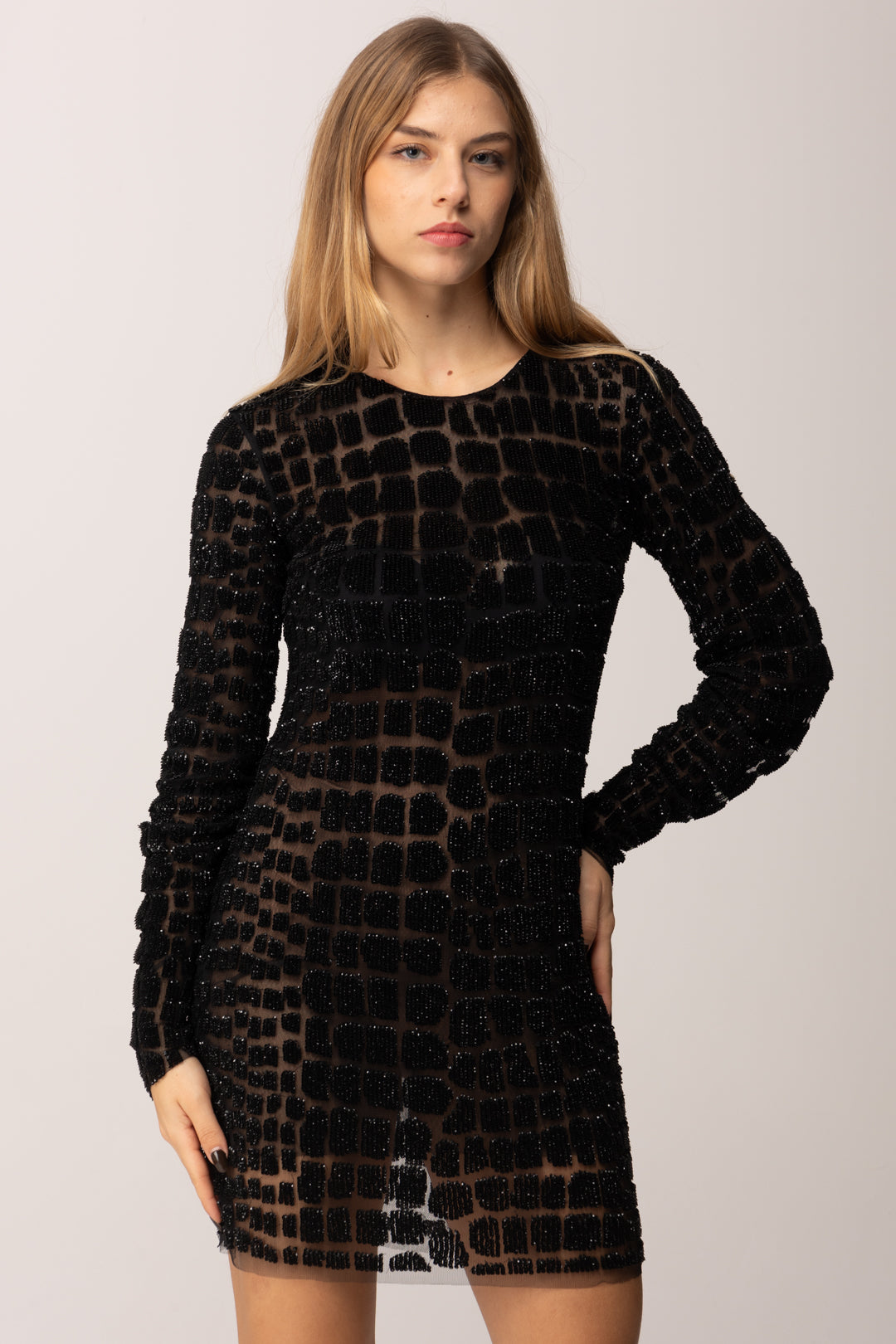 Elisabetta Franchi Abito Corto In Tulle Ricamato con Paillettes Pitone AR75J58E2 NERO