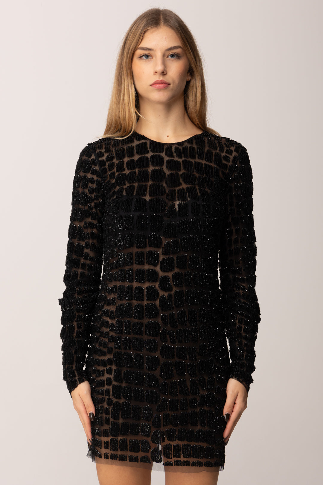 Elisabetta Franchi Abito Corto In Tulle Ricamato con Paillettes Pitone AR75J58E2 NERO