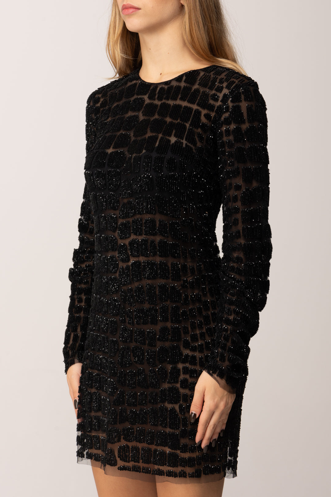 Elisabetta Franchi Abito Corto In Tulle Ricamato con Paillettes Pitone AR75J58E2 NERO