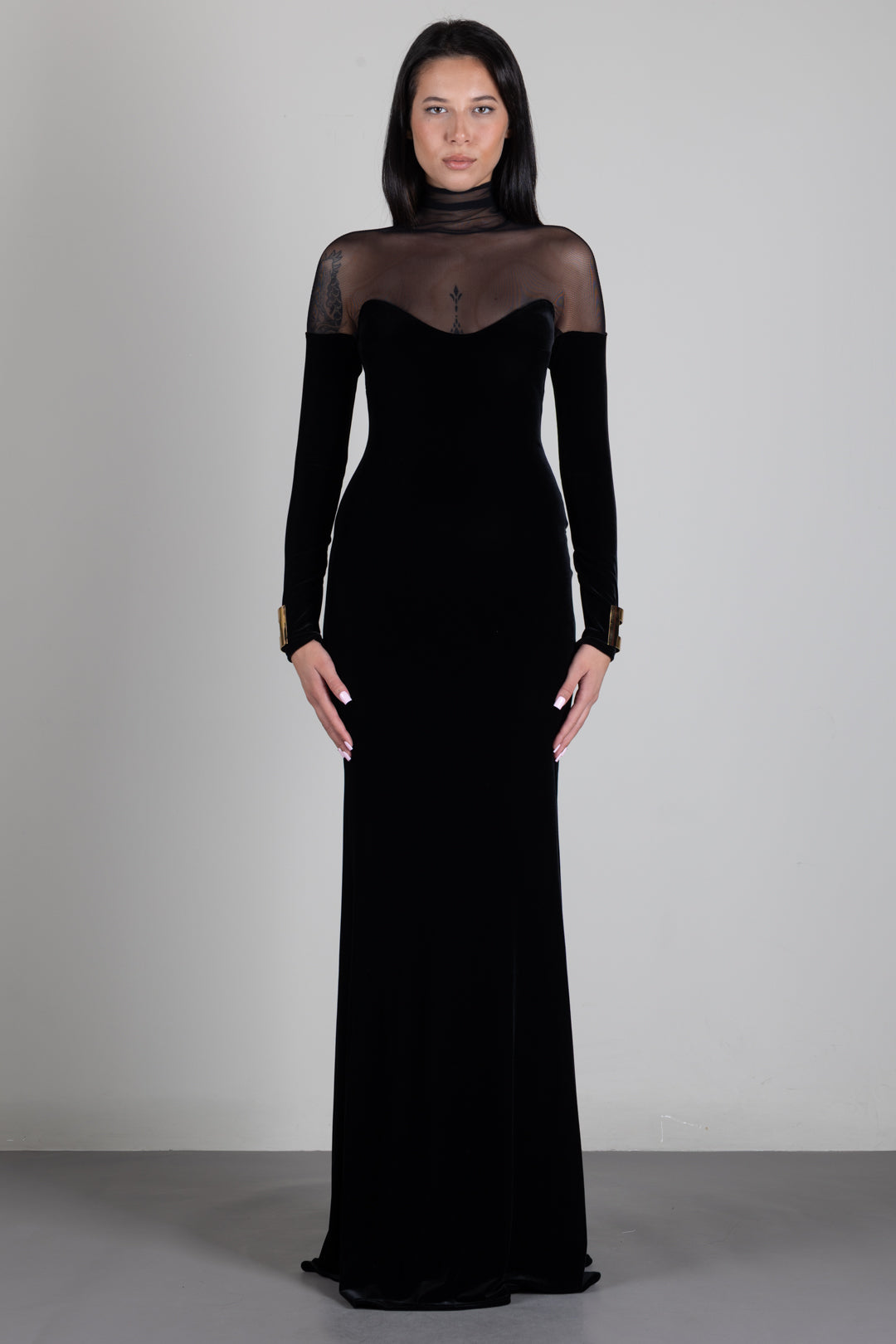 Elisabetta Franchi Abito Da Sera In Velluto con Carré In Tulle ABR2967E2 NERO
