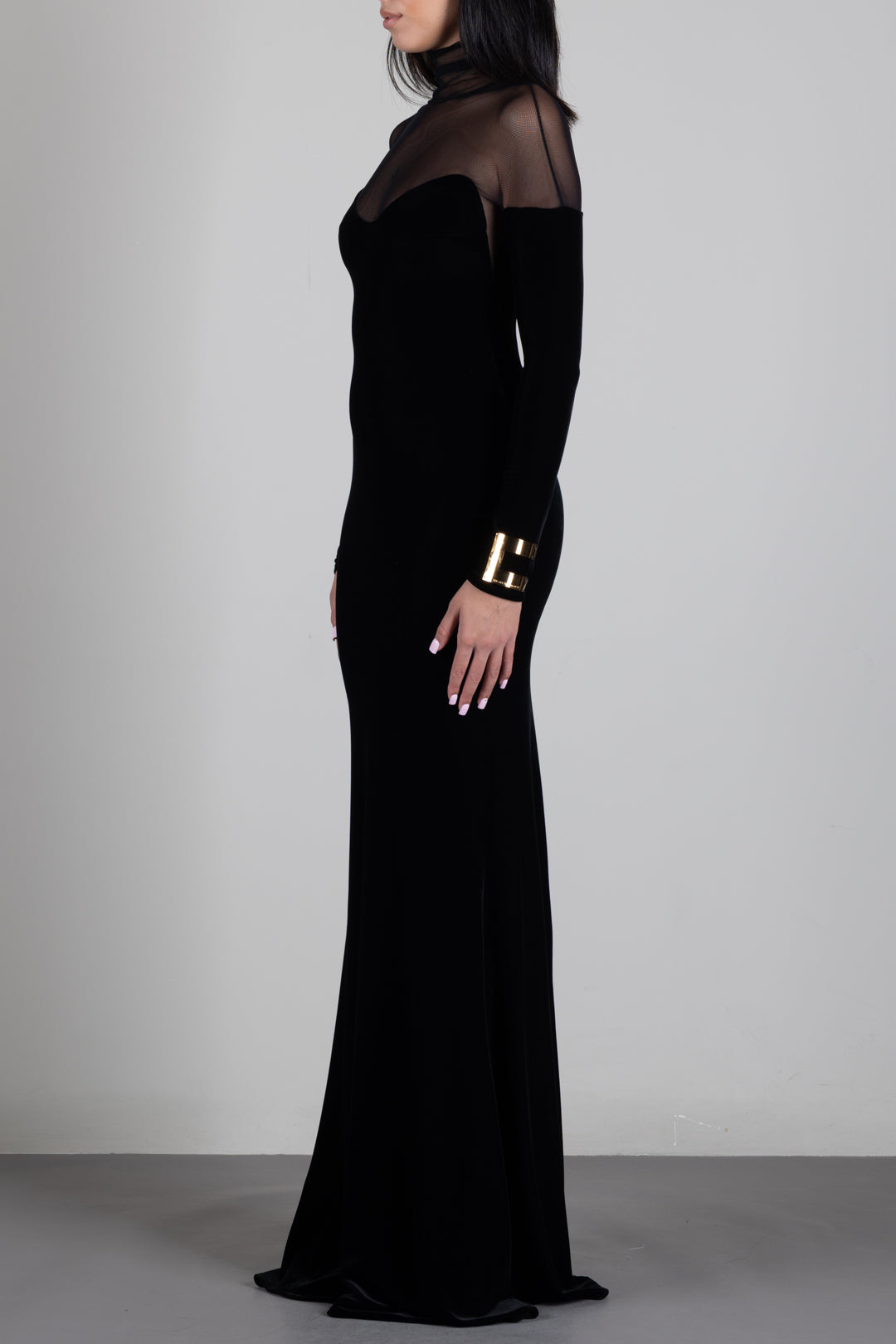 Elisabetta Franchi Abito Da Sera In Velluto con Carré In Tulle ABR2967E2 NERO