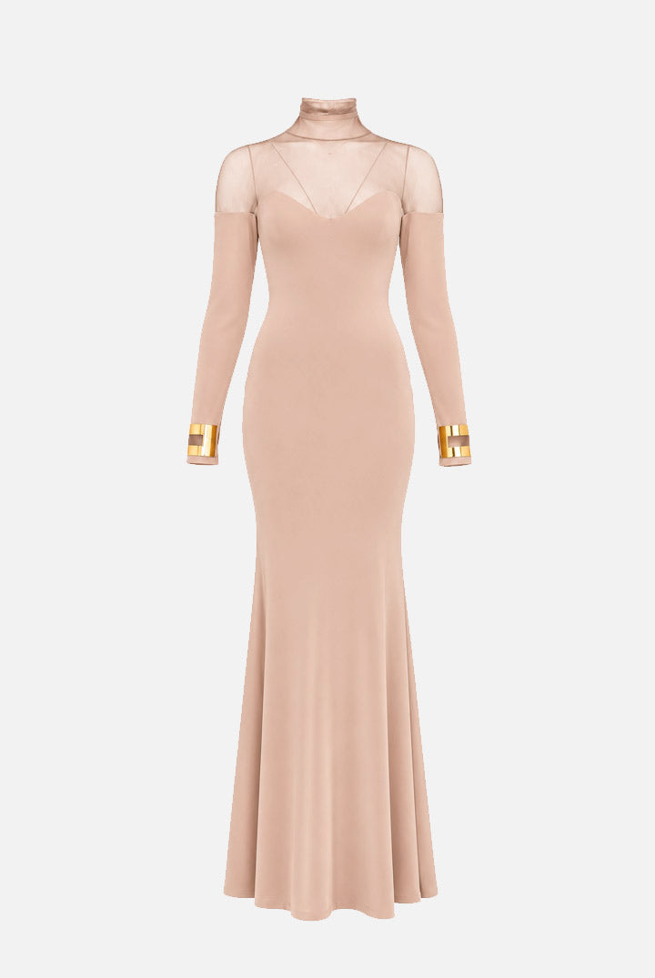 Elisabetta Franchi Abito Da Sera In Velluto con Carré In Tulle ABR2967E2 NUDE