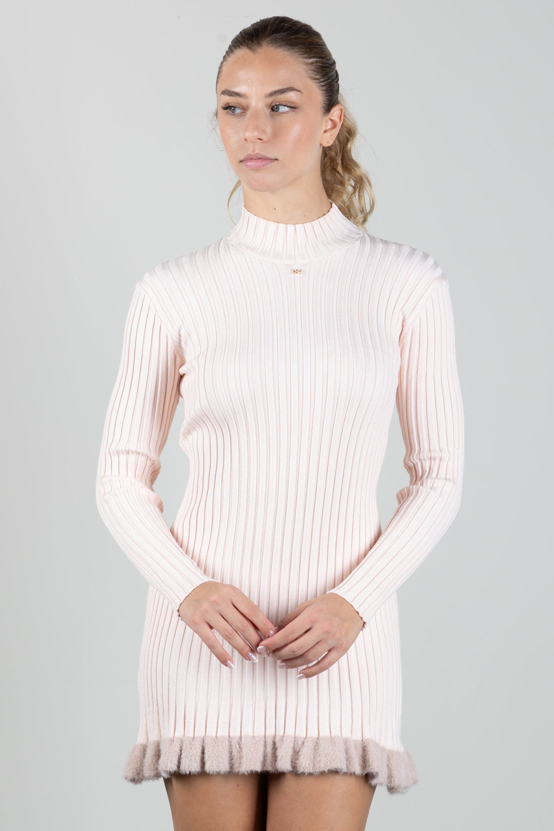 Elisabetta Franchi Bambina Abito Dolcevita In Maglia a Coste con Bordo Effetto Pelliccia EFAB686CFL040.C063