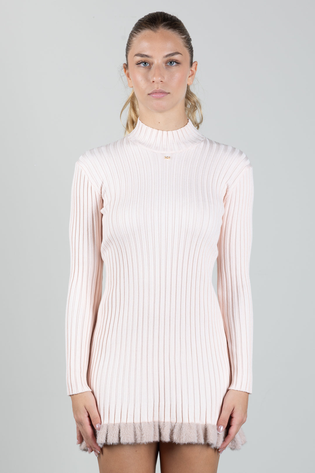 Elisabetta Franchi Bambina Abito Dolcevita In Maglia a Coste con Bordo Effetto Pelliccia EFAB686CFL040.C063