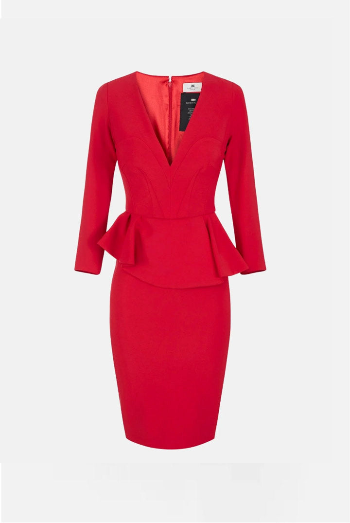Elisabetta Franchi Abito In Crêpe Leggero con Balza Asimmetrica AB01067E2 RED PASSION