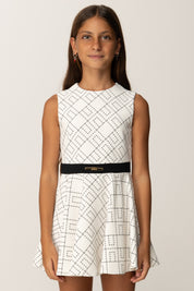 Elisabetta Franchi Bambina Abito In Crepe Smanicato con Pattern Logo EFAB6190GA023 MILK-NERO/NERO