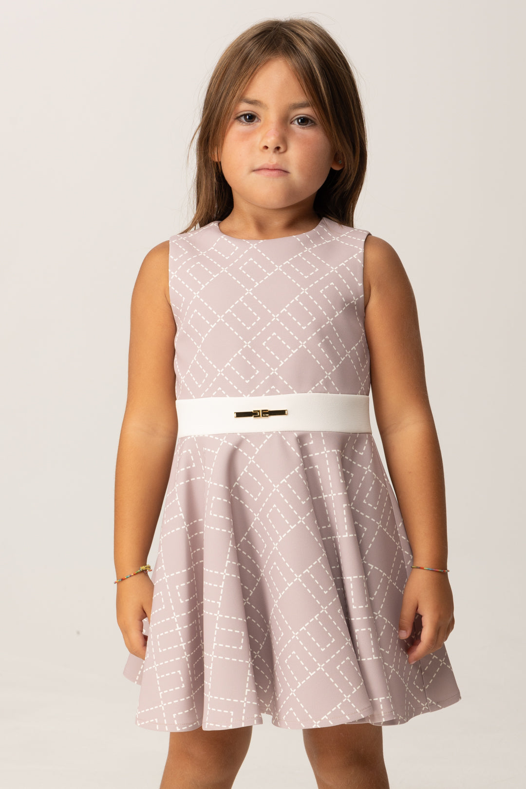 Elisabetta Franchi Bambina Abito In Crepe Smanicato con Pattern Logo EGAB2190GA023 SUNRISE-MILK/MILK