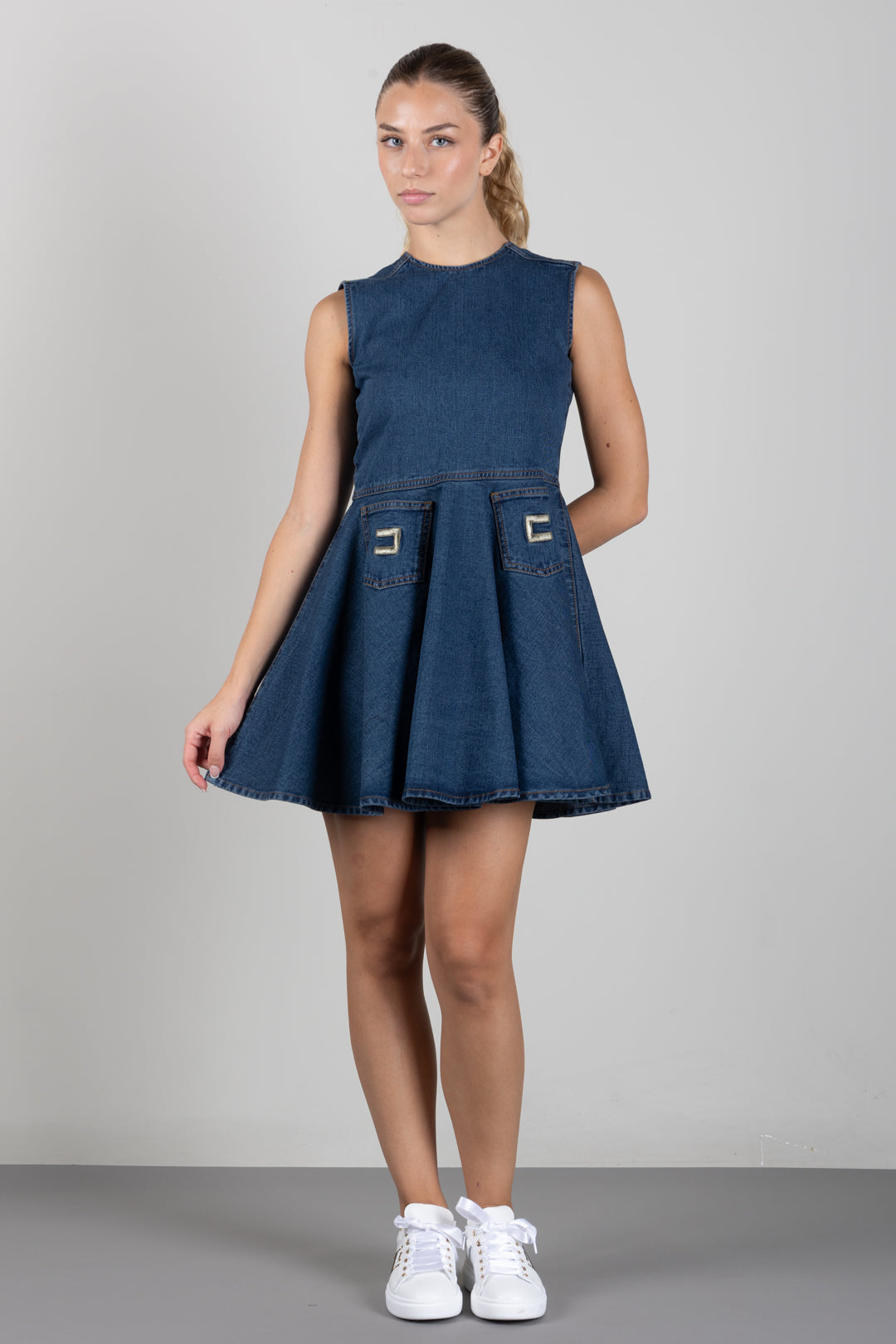 Elisabetta Franchi Bambina Abito In Denim con Tasche e Logo EFAB693CDF011.4039