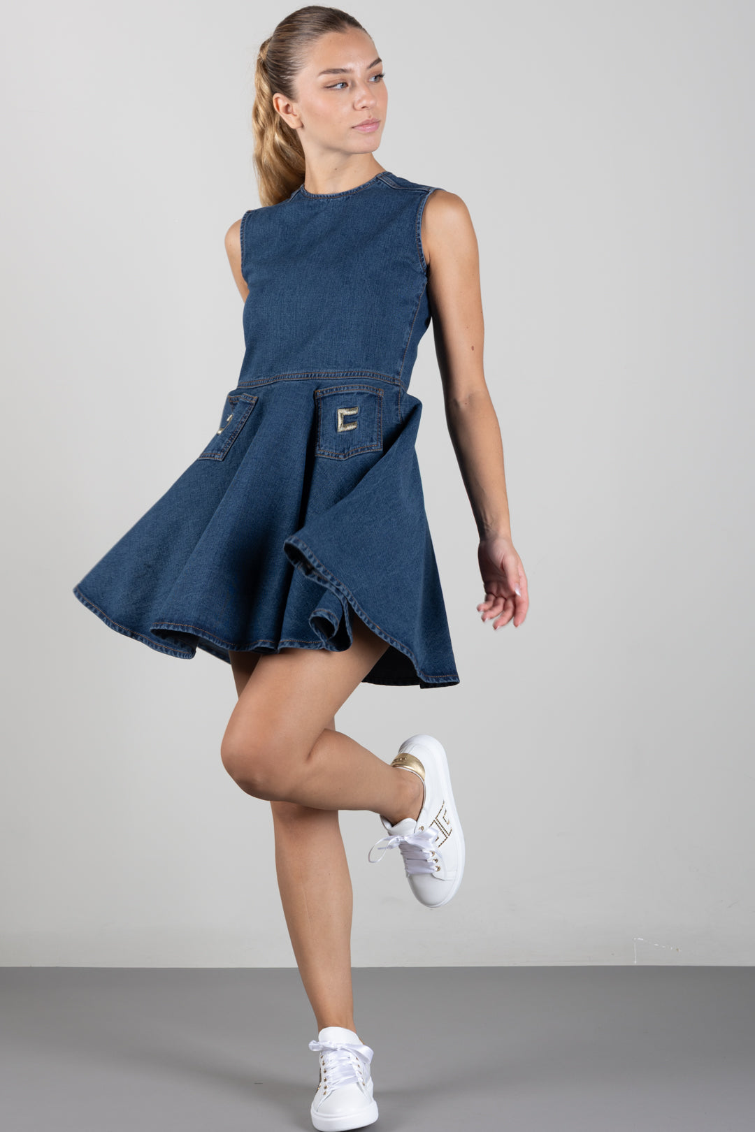 Elisabetta Franchi Bambina Abito In Denim con Tasche e Logo EFAB693CDF011.4039