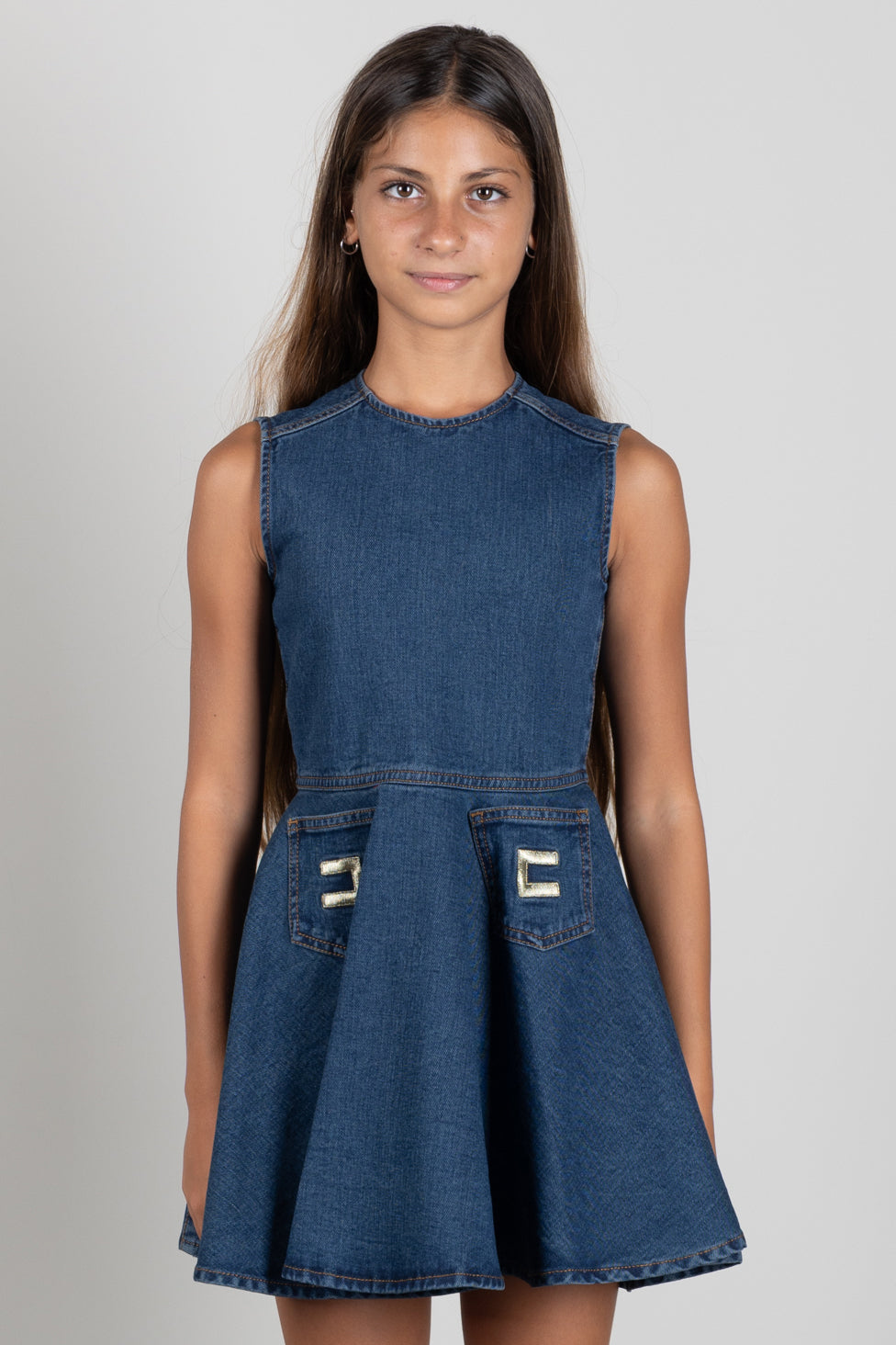Elisabetta Franchi Bambina Abito In Denim con Tasche e Logo EFAB693CDF011.4039