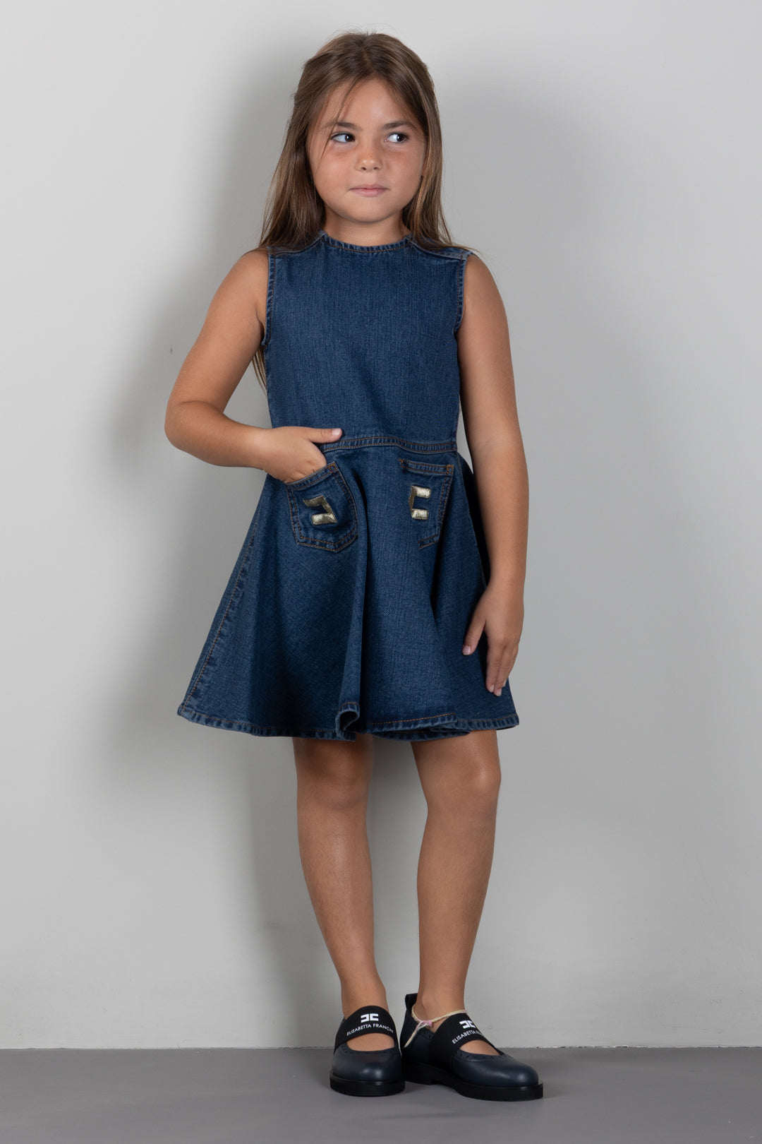 Elisabetta Franchi Bambina Abito In Denim con Tasche e Logo EFAB693CDF011.4039