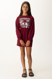 Elisabetta Franchi Bambina Abito In Felpa con Ricamo Logo e Maxi Paillettes EFAB6350FF002 CHERRY