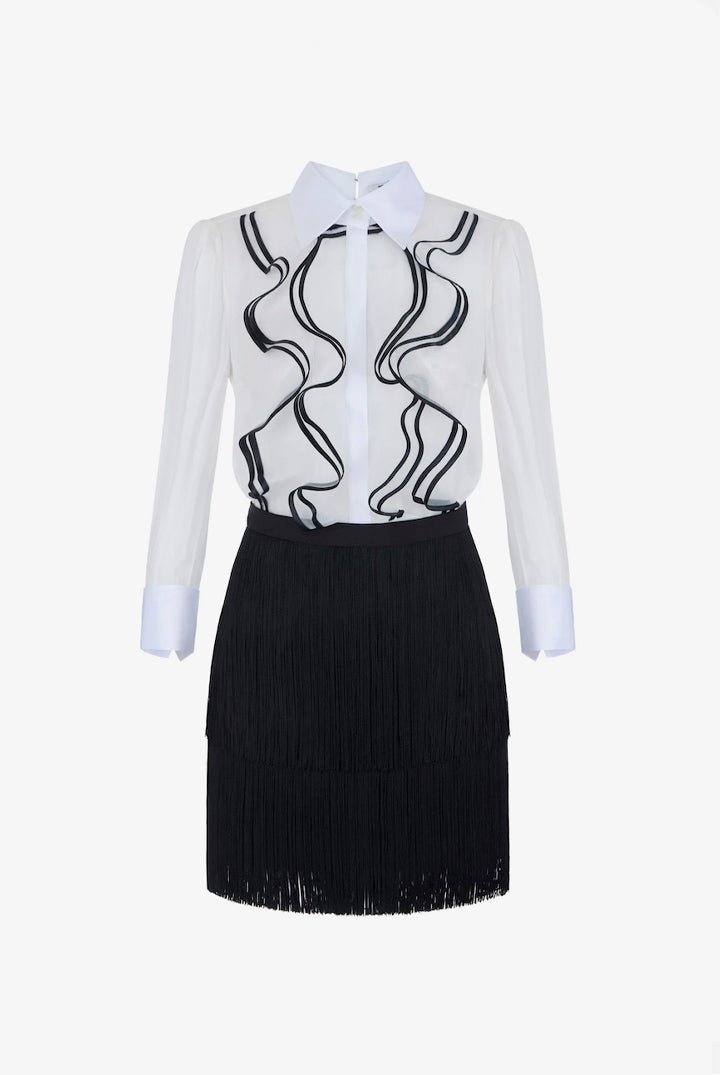Elisabetta Franchi Abito In Georgette con Ruches e Frange AB02267E2 AVORIO/NERO