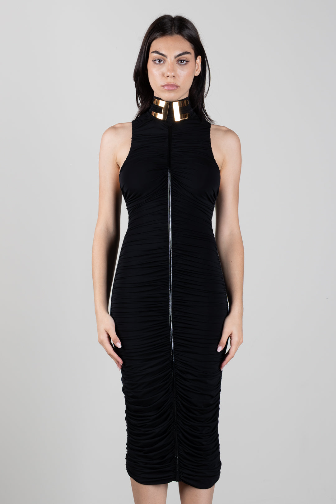 Elisabetta Franchi Abito In Jersey Leggero con Drappeggi e Placca Gioiello AB03667E2 NERO