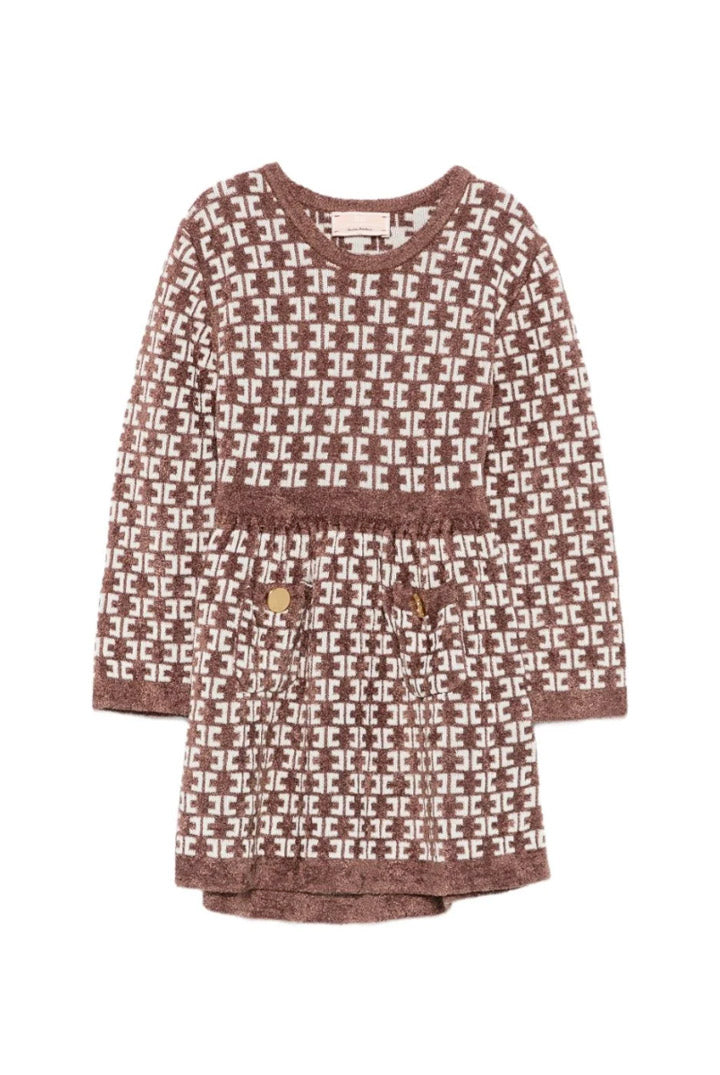 Elisabetta Franchi Bambina Abito In Maglia con Motivo Monogram e Tasche Applicate EGAB250CFL149.D662