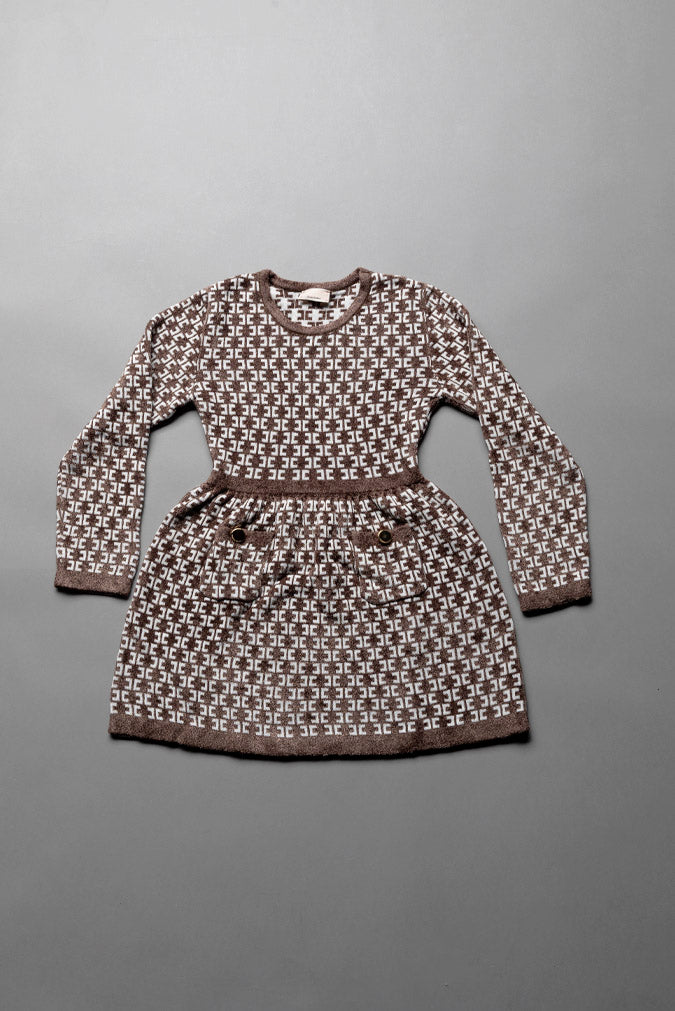 Elisabetta Franchi Bambina Abito In Maglia con Motivo Monogram e Tasche Applicate EGAB250CFL149.D662