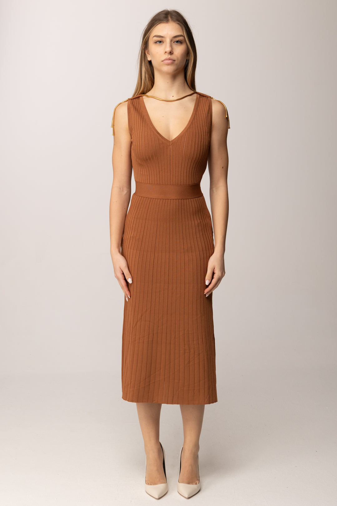 Elisabetta Franchi Abito In Maglia Longuette con Ricamo a Jour AM18S61E2 CUOIO