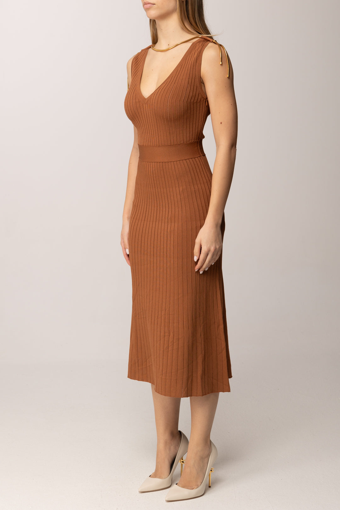 Elisabetta Franchi Abito In Maglia Longuette con Ricamo a Jour AM18S61E2 CUOIO