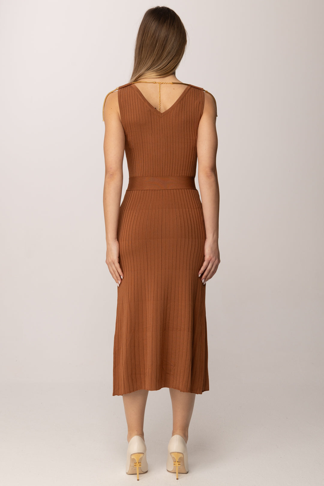 Elisabetta Franchi Abito In Maglia Longuette con Ricamo a Jour AM18S61E2 CUOIO