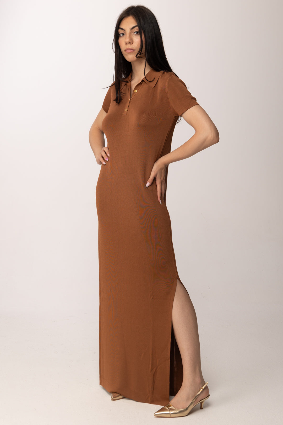 Elisabetta Franchi Abito In Maglia Lungo con Scollo a Polo AM21S61E2 CUOIO