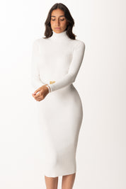 Elisabetta Franchi Abito In Maglia Midi Collo Alto con Cintura AM07B56E2 AVORIO